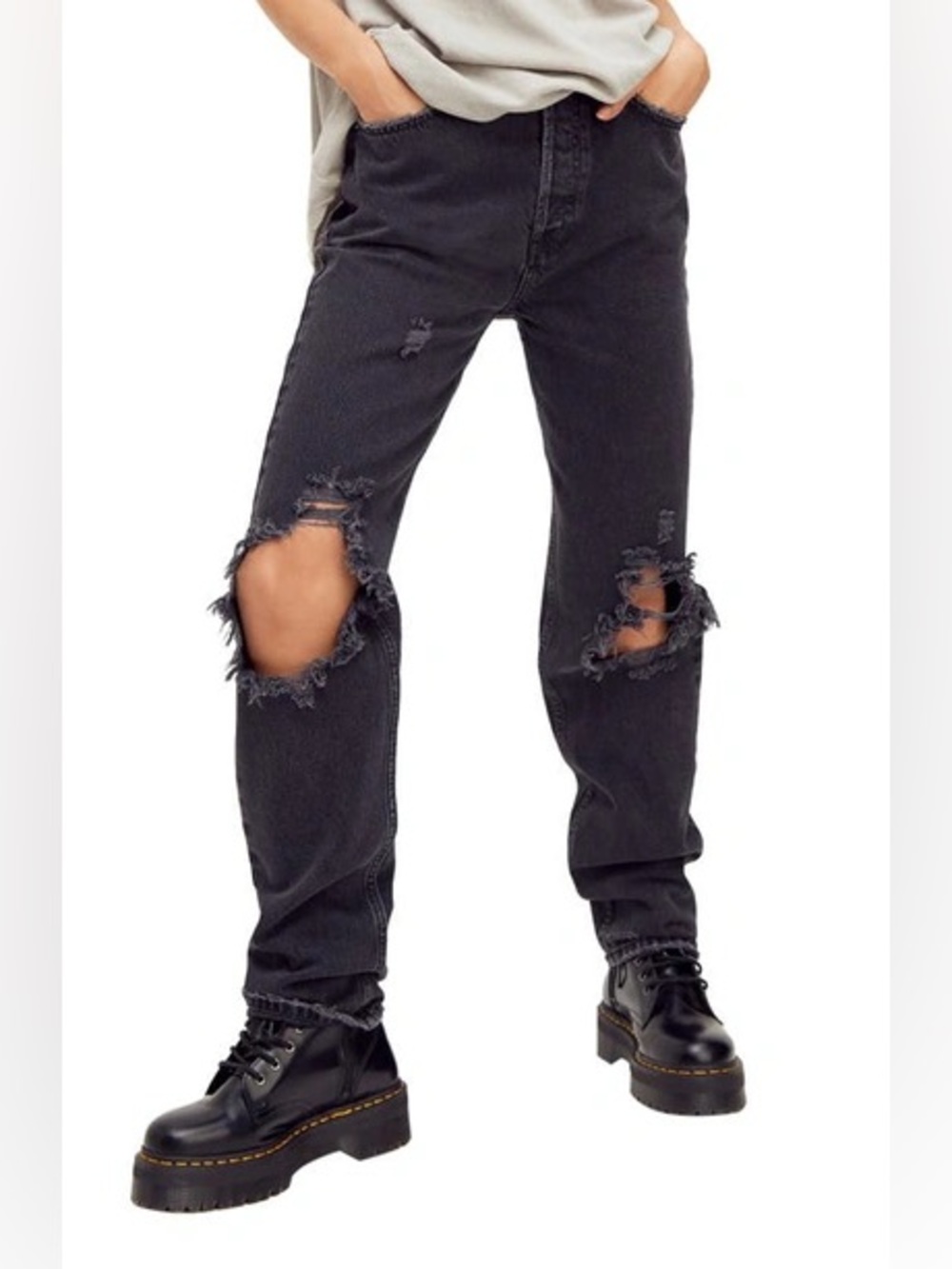 Free People The Lasso High Waist Straight Leg Jeans Distressed Washed Black 30